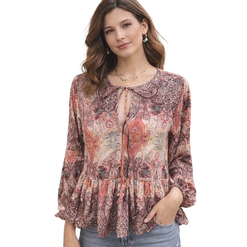 Anthro RAGA Women's Evalona Paisley Boho Long Sleeve Peplum Blouse Top Size‎ S